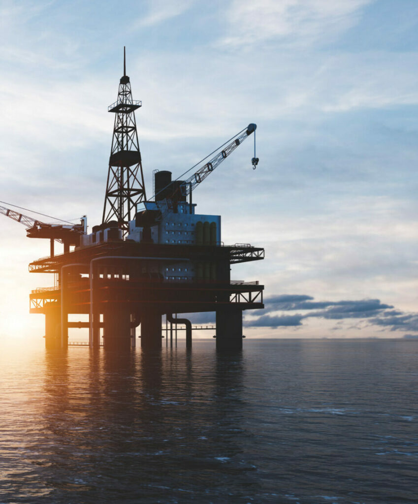 Oil platform on the ocean. Offshore drilling for gas and petroleum